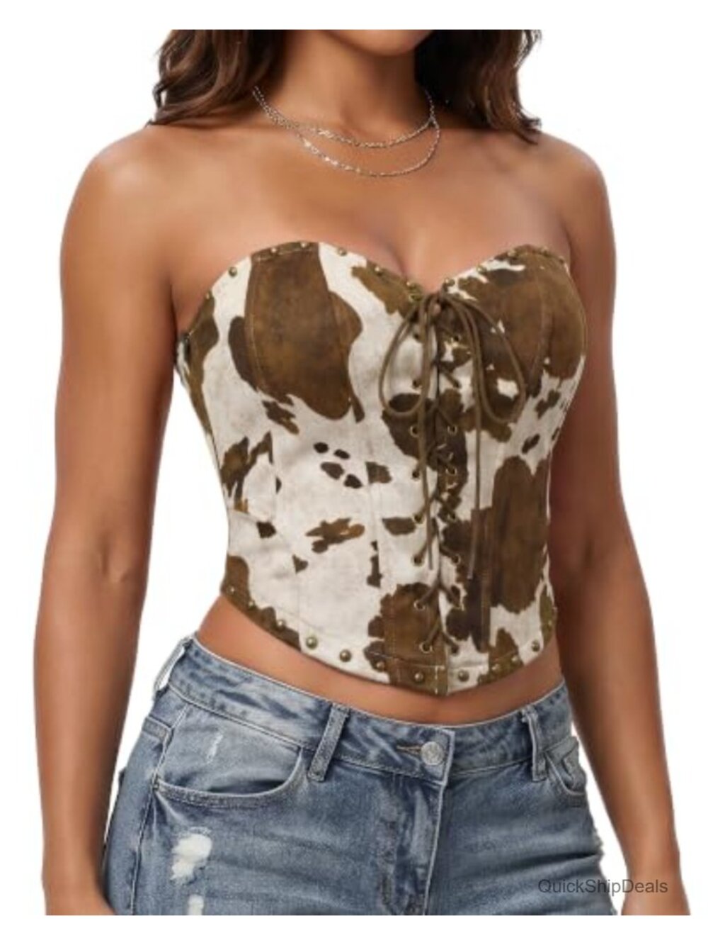 Faux Suede Strapless Corset Top Lace Up Studded Western Cowgirl Crop